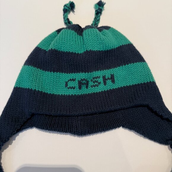 Set of 2 Navy Blue, Light Blue & Green Striped Cotton Knit Baby Kids Earflap Hat - Picture 2 of 4